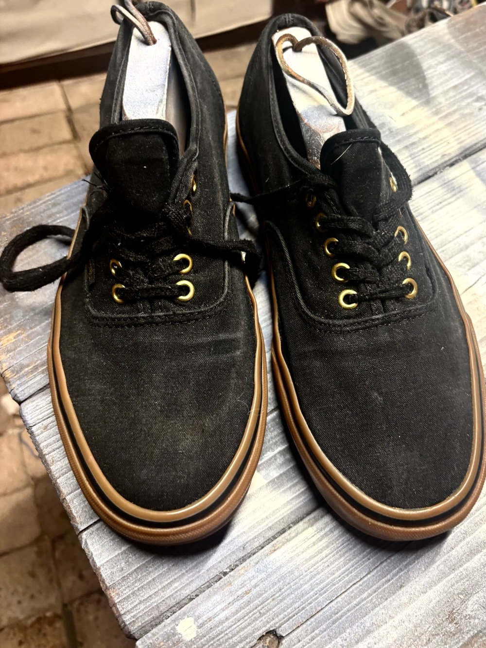 Black suede Vans sneakers with gold eyelets, size US 12 #vans